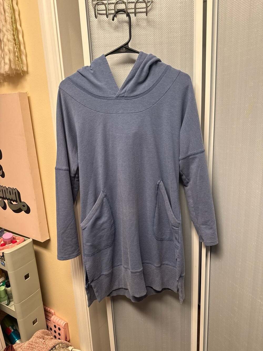 Soft Surroundings Blue Hooded French Terry Tunic Sweatshirt Dress with Pockets
